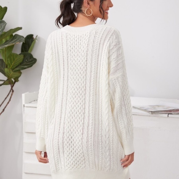 cream v neck chunky knit sweater dress fall - Picture 2 of 4